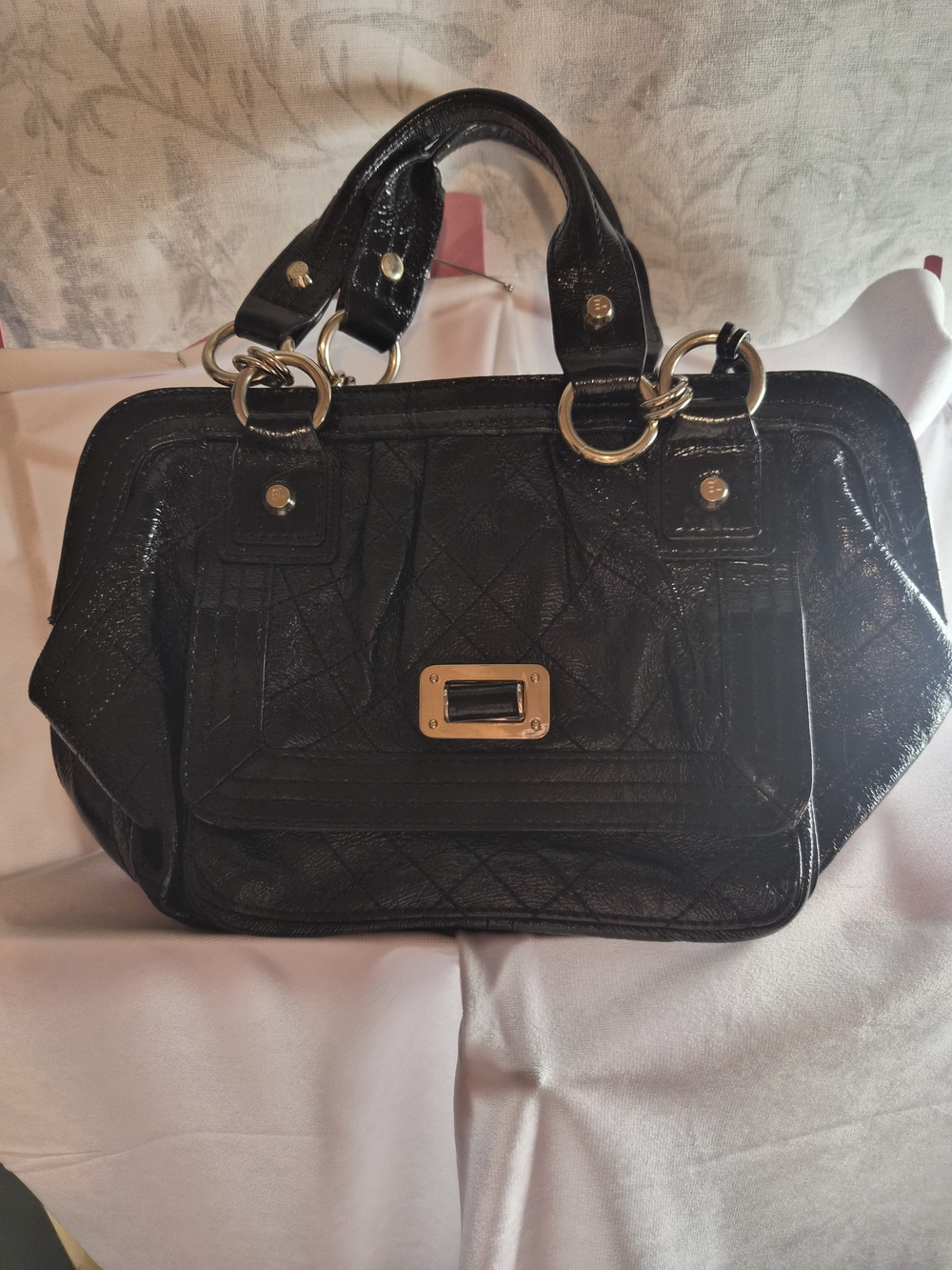 Elliott Lucca Black Patent Leather Satchel Shoulder Bag Gold Hardware EUC